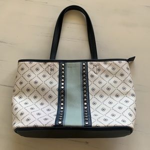 BCBG white and black leather purse with green stripe